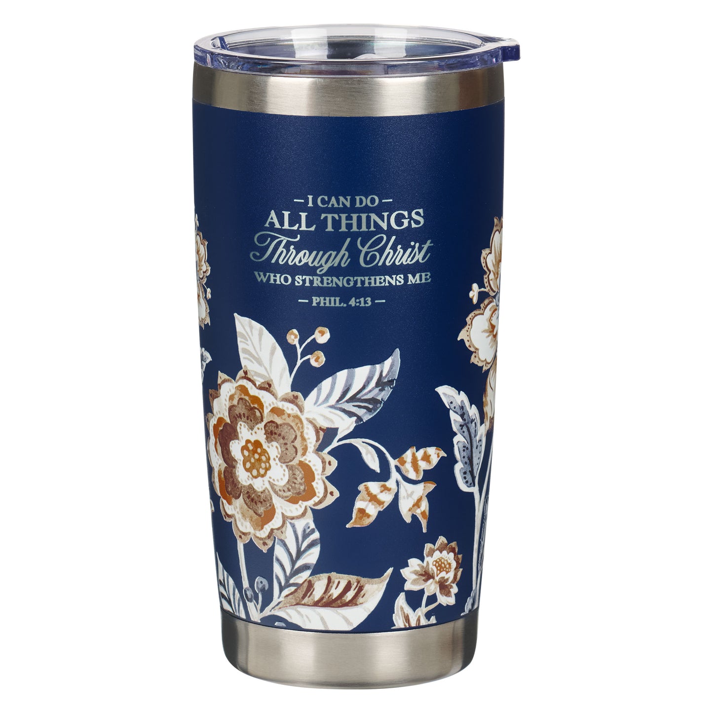 CAG SMUG268 I CAN DO ALL THINGS THROUGH CHRIST HONEY-BROWN AND NAVY FLORAL STAINLESS STEEL TRAVEL TUMBLER - PHILIPPIANS 4:13