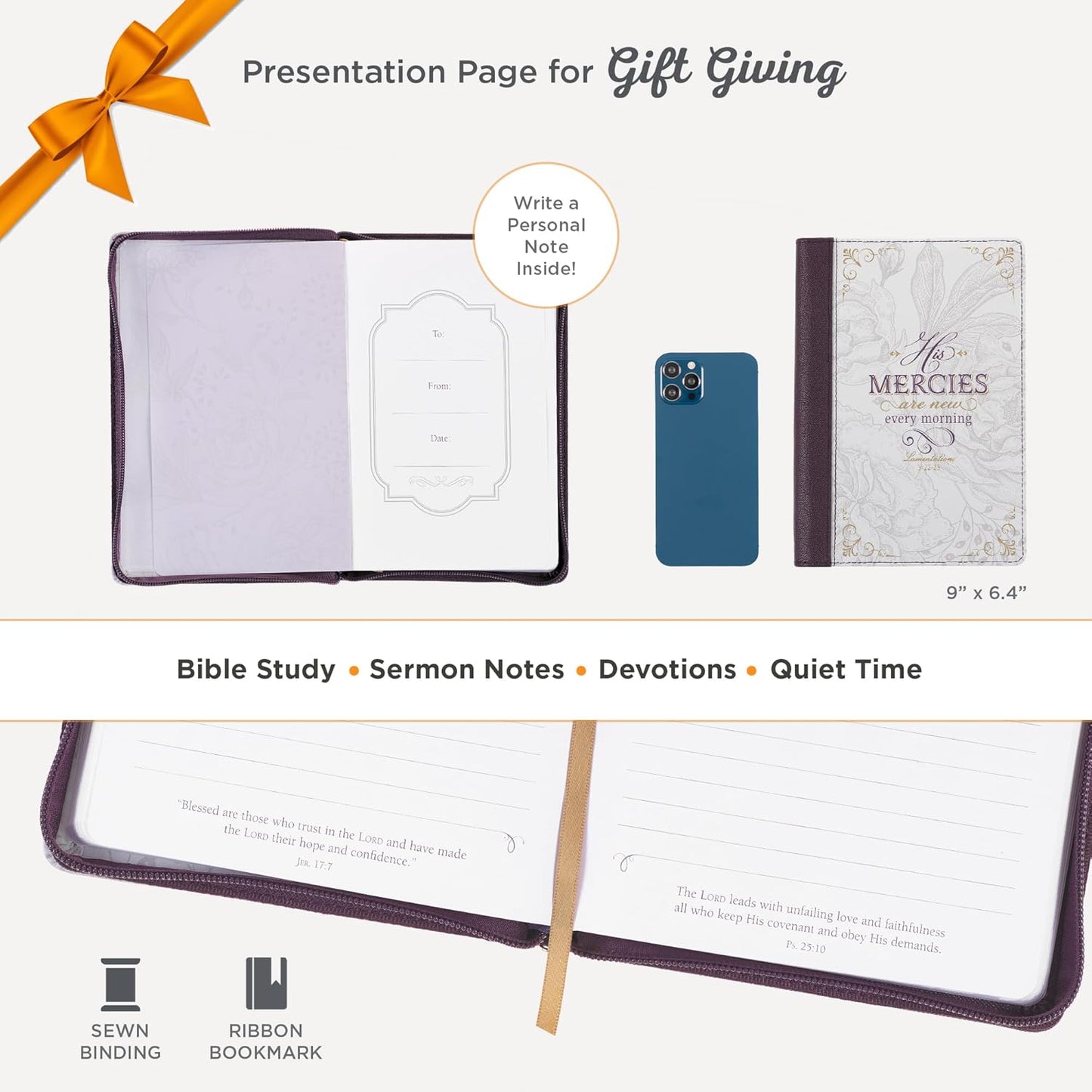 CAG JL677 JOURNAL CLASSIC ZIP PURPLE/WHITE FLORAL PRINTED HIS MERCIES LAM 3:22-23