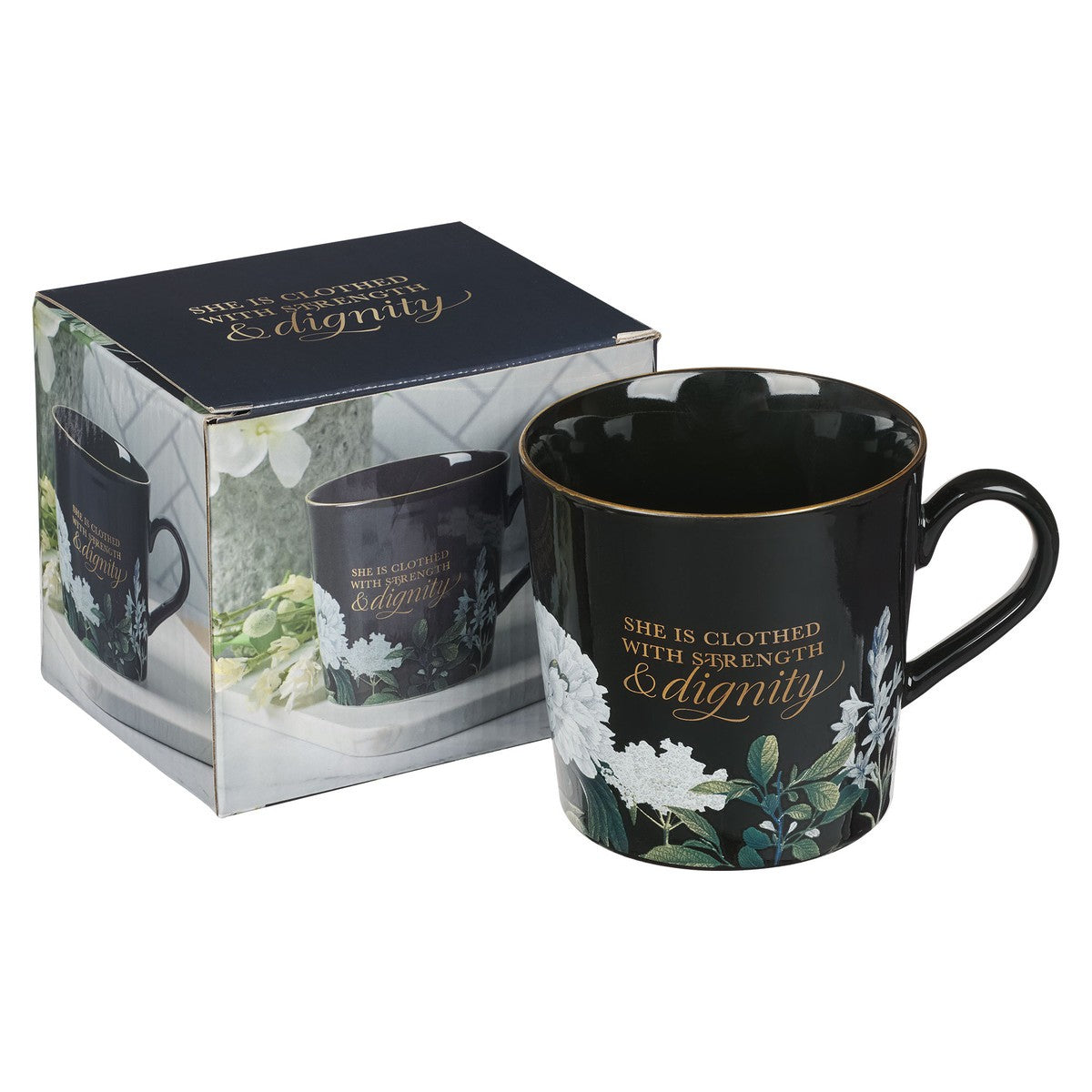 CAG MUG1013 STRENGTH AND DIGNITY BLACK FLORAL CERAMIC COFFEE MUG - PROVERBS 31:25