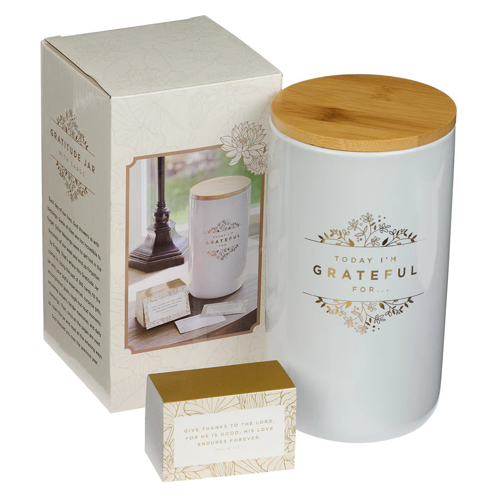 CAG JAR007 GRATEFUL GOLD AND WHITE CERAMIC GRATITUDE JAR WITH CARDS