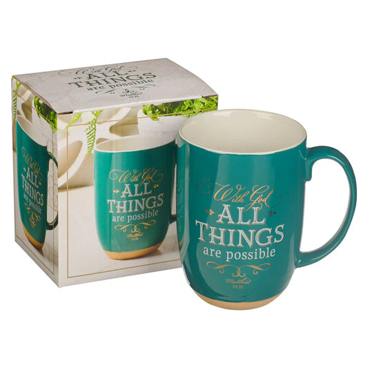 CAG MUG948 ALL THINGS ARE POSSIBLE GREEN CERAMIC COFFEE MUG WITH EXPOSED CLAY BASE - MATTHEW 19:26