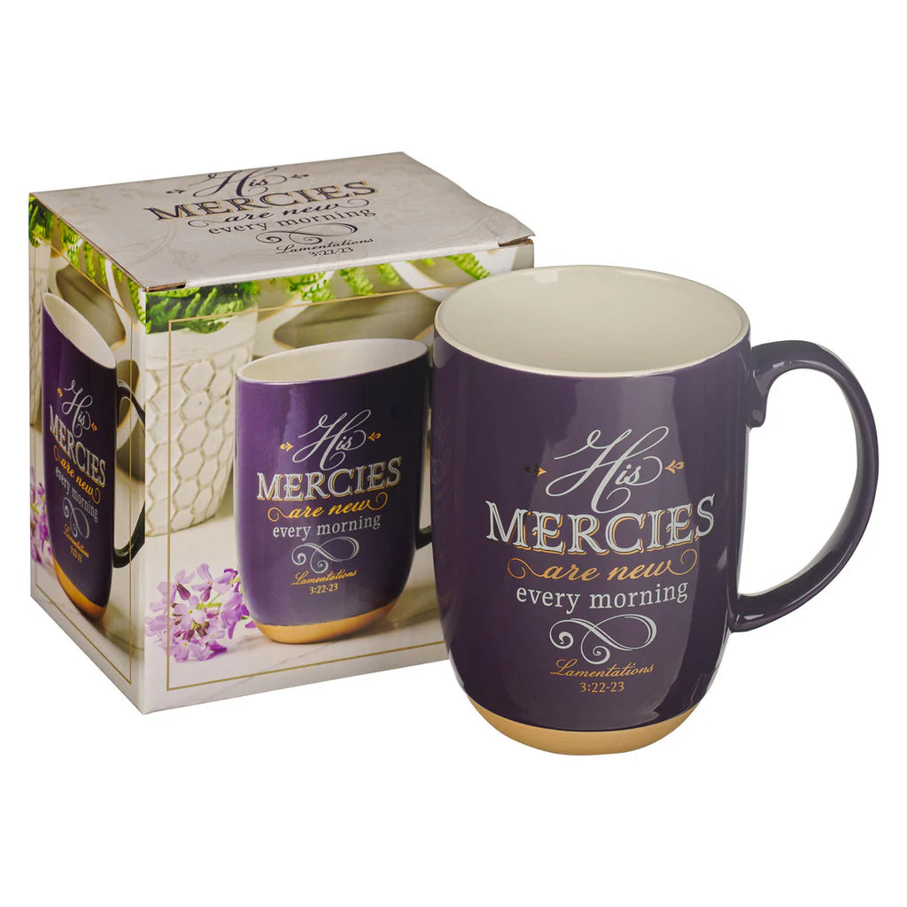 CAG MUG949 HIS MERCIES ARE NEW PURPLE CERAMIC COFFEE MUG WITH EXPOSED CLAY BASE - LAMENTATIONS 3:22-23