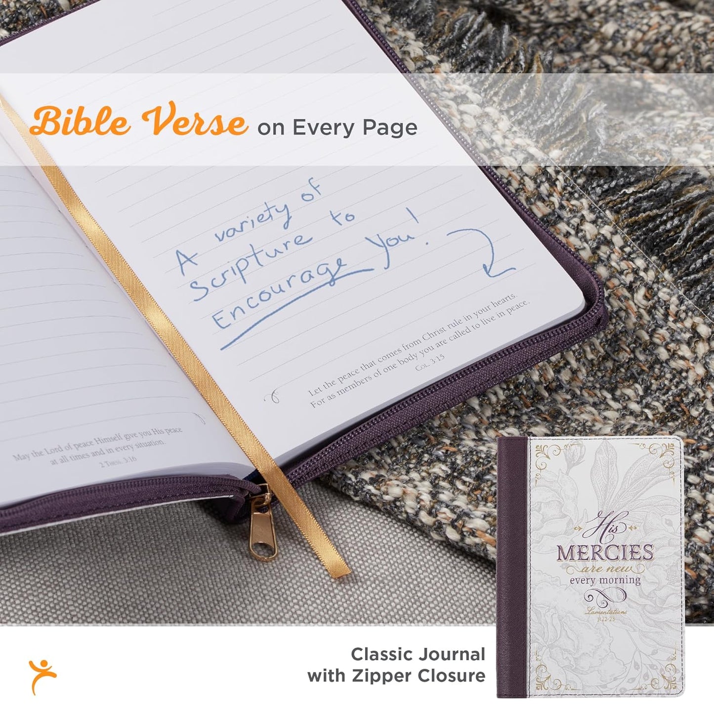 CAG JL677 JOURNAL  CLASSIC  ZIP  PURPLE/WHITE  FLORAL PRINTED HIS MERCIES LAM 3:22-23