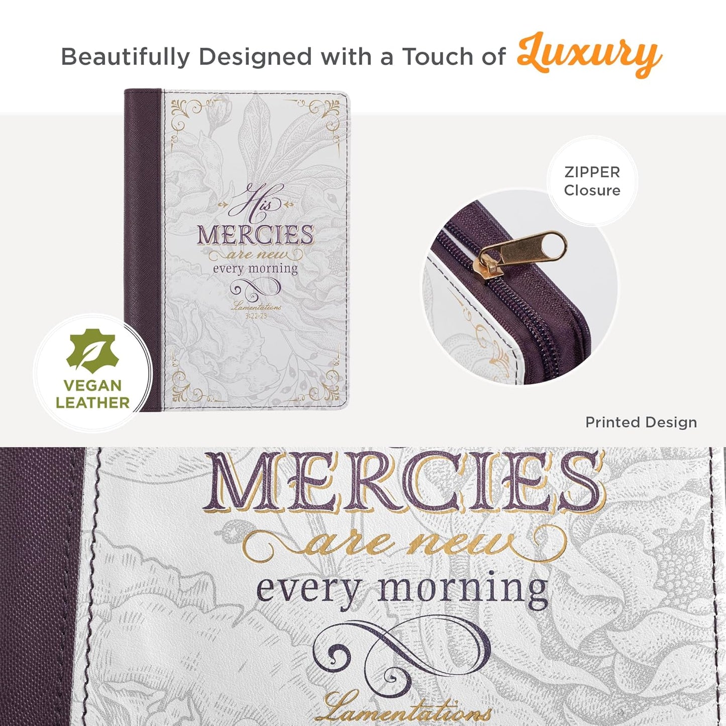 CAG JL677 JOURNAL  CLASSIC  ZIP  PURPLE/WHITE  FLORAL PRINTED HIS MERCIES LAM 3:22-23