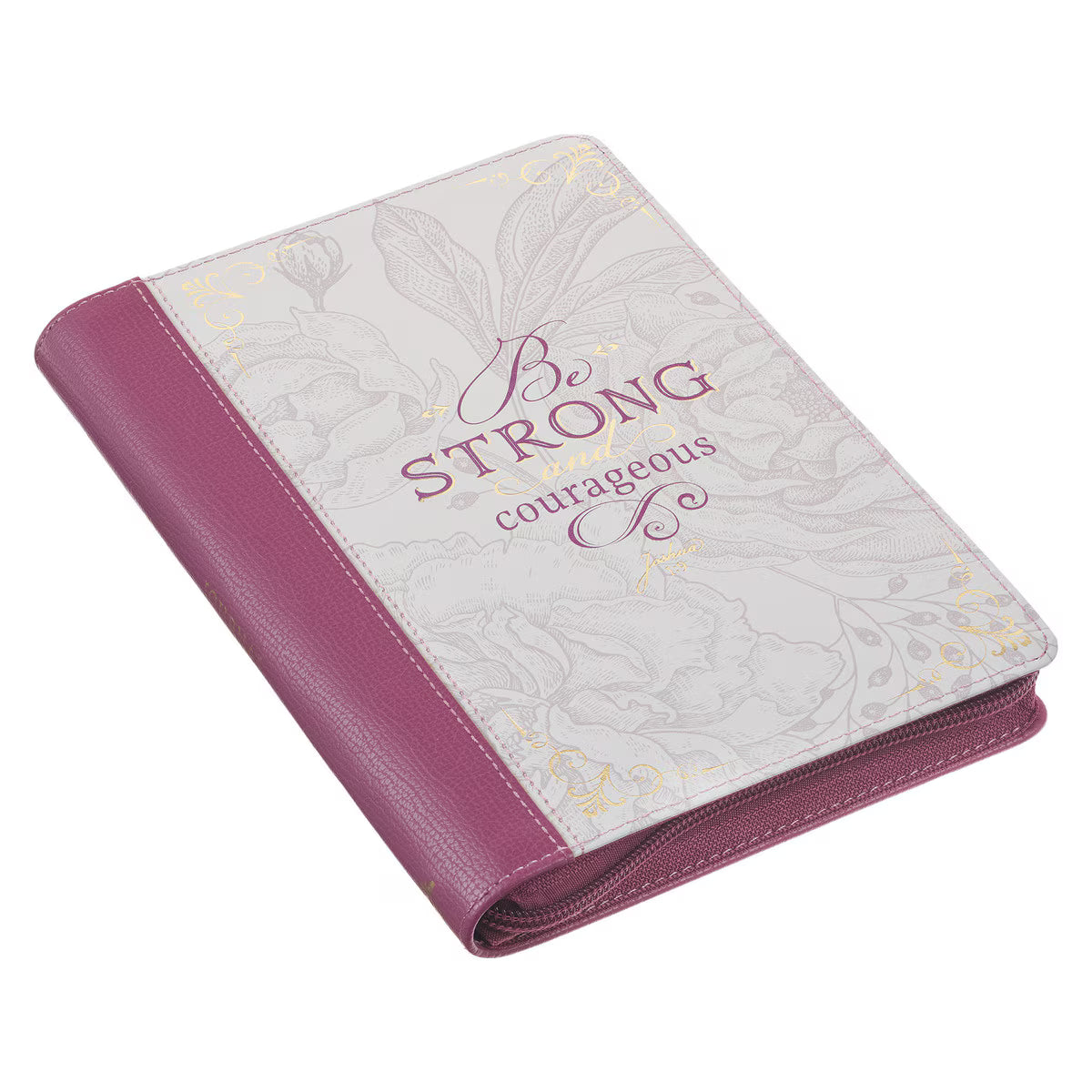 CAG JL678 JOURNAL  CLASSIC  ZIP  PLUM/WHITE  FLORAL PRINTED STRONG & COURAGEOUS JOSH. 1:9