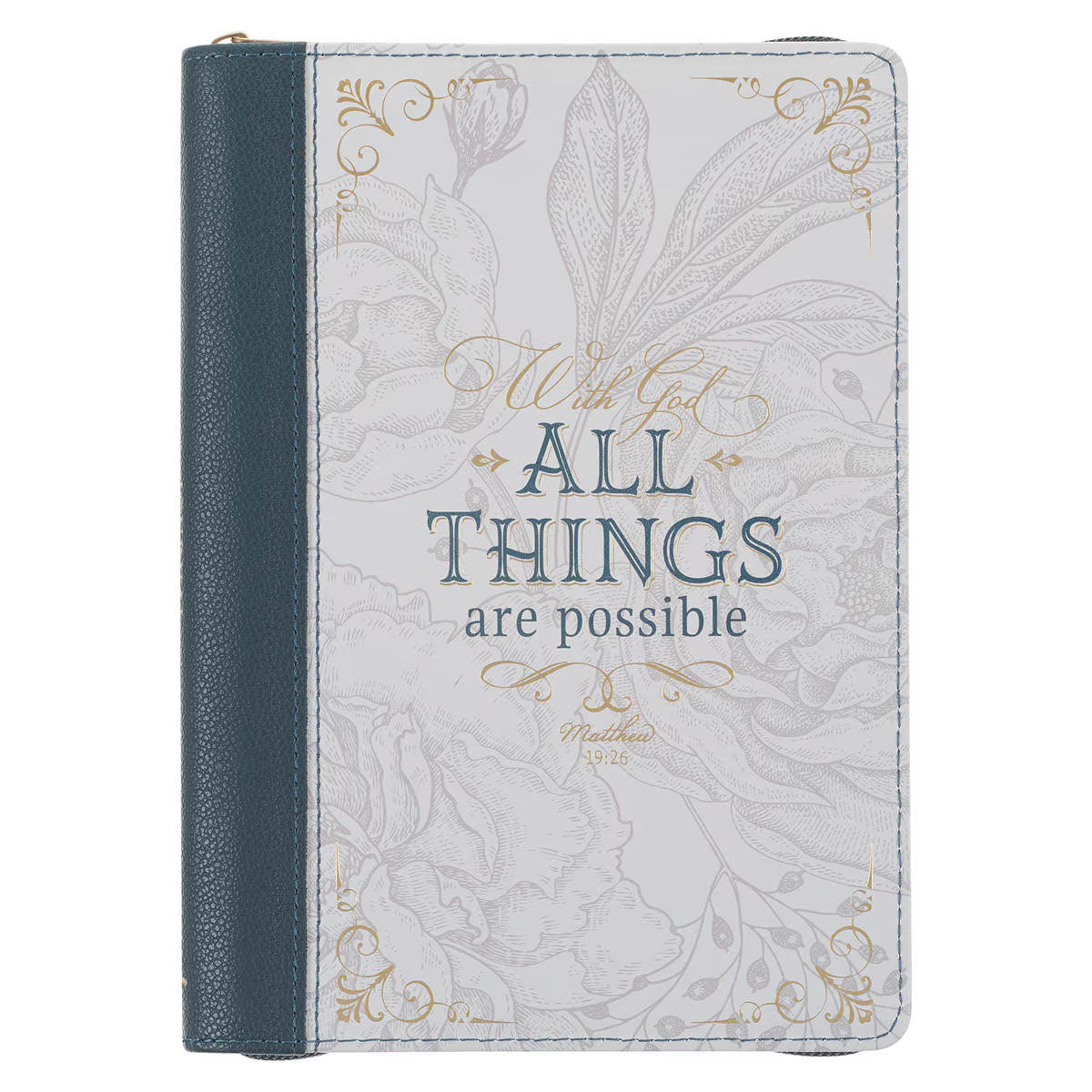 CAG JL683 JOURNAL  CLASSIC  ZIP  TEAL/WHITE  FLORAL PRINTED WITH GOD ALL THINGS MATT. 19:26