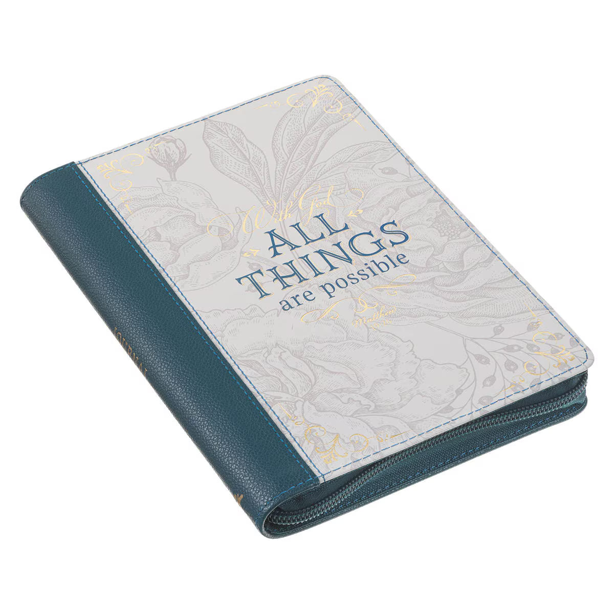 CAG JL683 JOURNAL  CLASSIC  ZIP  TEAL/WHITE  FLORAL PRINTED WITH GOD ALL THINGS MATT. 19:26