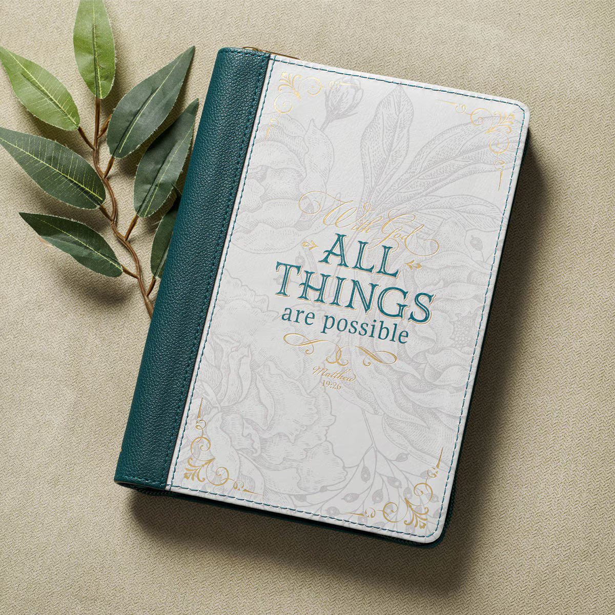 CAG JL683 JOURNAL  CLASSIC  ZIP  TEAL/WHITE  FLORAL PRINTED WITH GOD ALL THINGS MATT. 19:26