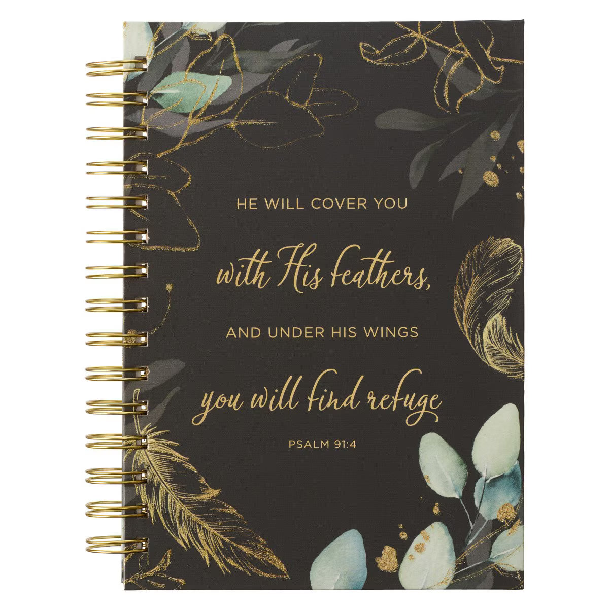 CAG JLW129 JOURNAL  SPIRAL-BOUND  BLACK  FEATHERS  HE WILL COVER YOU PS, 91:4