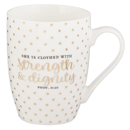 CAG MUG544 MUG WHITE WITH GOLD POLKA DOTS STRENGT
