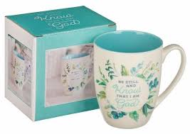 CAG MUG902 BE STILL AND KNOW TEAL FLORAL CERAMIC COFFEE MUG - PSALM 46:10