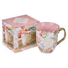 CAG MUG962 STRENGTH AND DIGNITY PASTEL FLORAL CERAMIC COFFEE MUG - PROVERBS 31:25